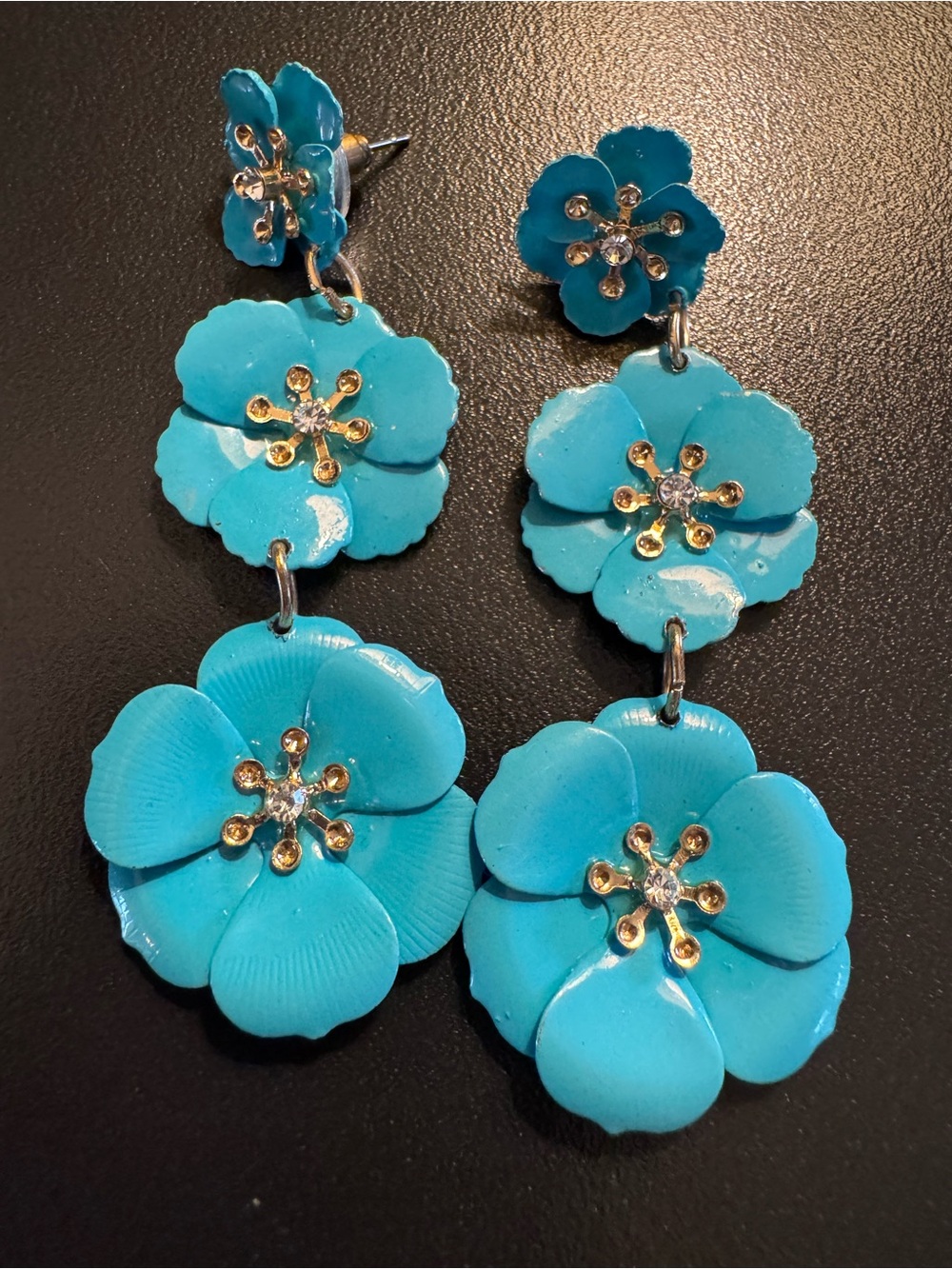 Turquoise Blue Enamel Flower 3” Statement Dangle Earrings